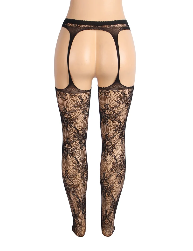 Schwarze Nylon-Strumpfhose im Fischernetz-Stil mit Blumenmuster – Breiter elastischer Bund & offener Schritt