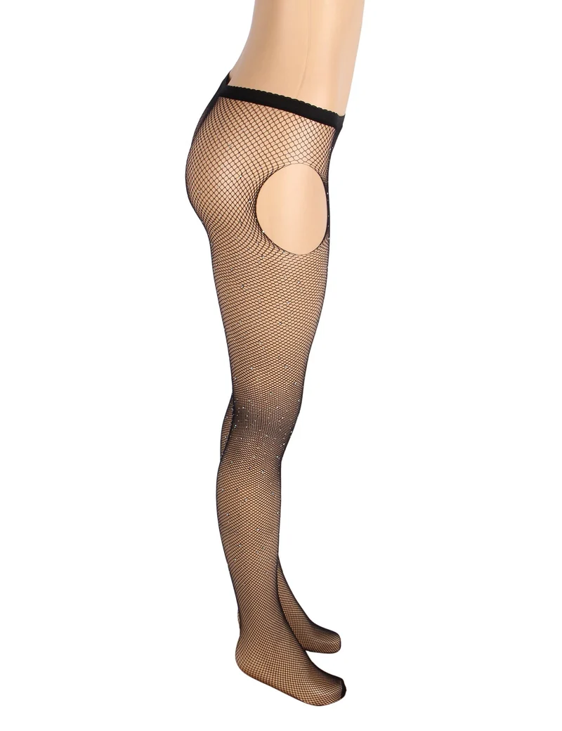 Schwarze sexy Netzstrumpfhose mit Strass im Schritt