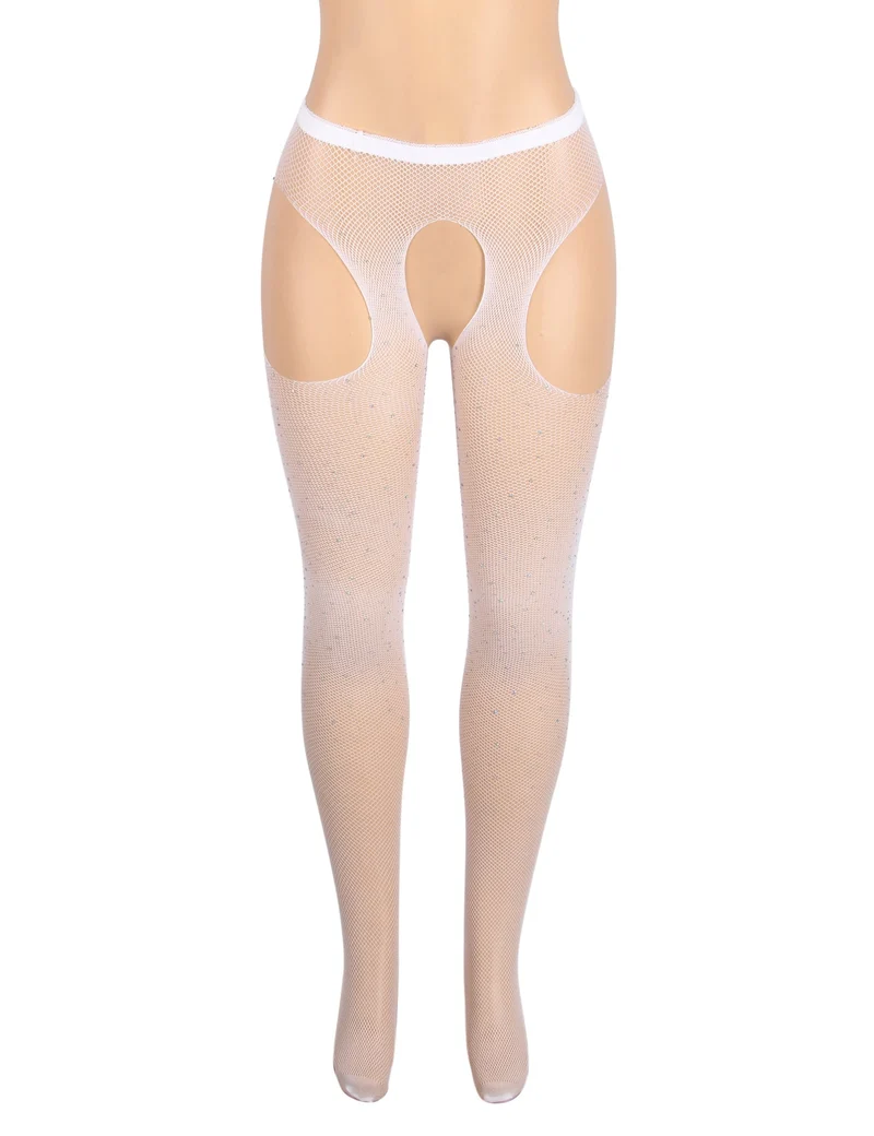 Weiße Nylon-Spandex-Strassstrumpfhose – Breiter elastischer Bund & Vier-Wege-Schrittdesign