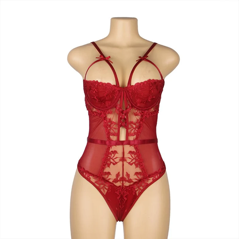 Weinroter, bestickter Mesh-Body – Bügel-BH, 3D-Stickerei, gekreuzte Träger und tiefer V-Ausschnitt am Rücken