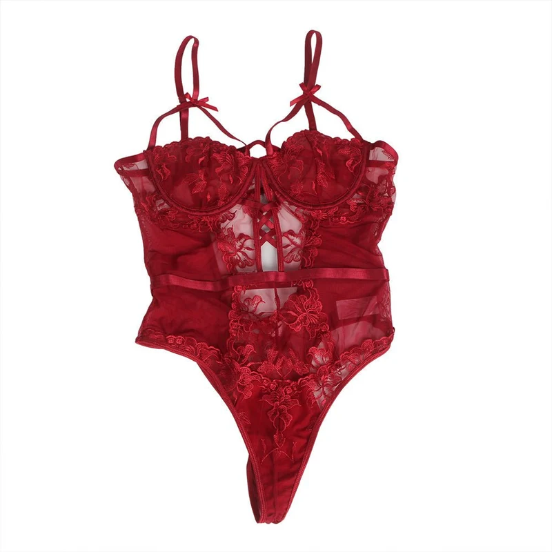Weinroter, bestickter Mesh-Body – Bügel-BH, 3D-Stickerei, gekreuzte Träger und tiefer V-Ausschnitt am Rücken