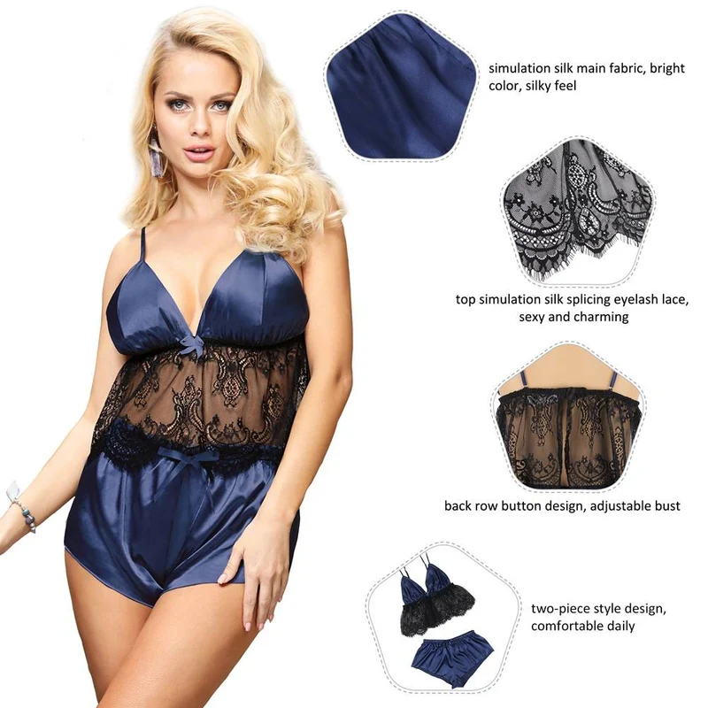 Pyjama-Set aus marineblauem Satin-Top mit Spitzenbesatz – verstellbare Träger und Knopfverschluss am Rücken
