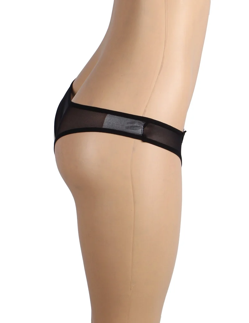 Schwarzer Netz-Slip – 3D-bestickter Bund, offener Schritt und Perlenverzierung