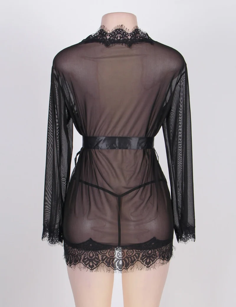 Schwarzer Babydoll-Bademantel aus Netzstoff – lange Ärmel, Spitzenbesatz, Kunstseidengürtel und passender String