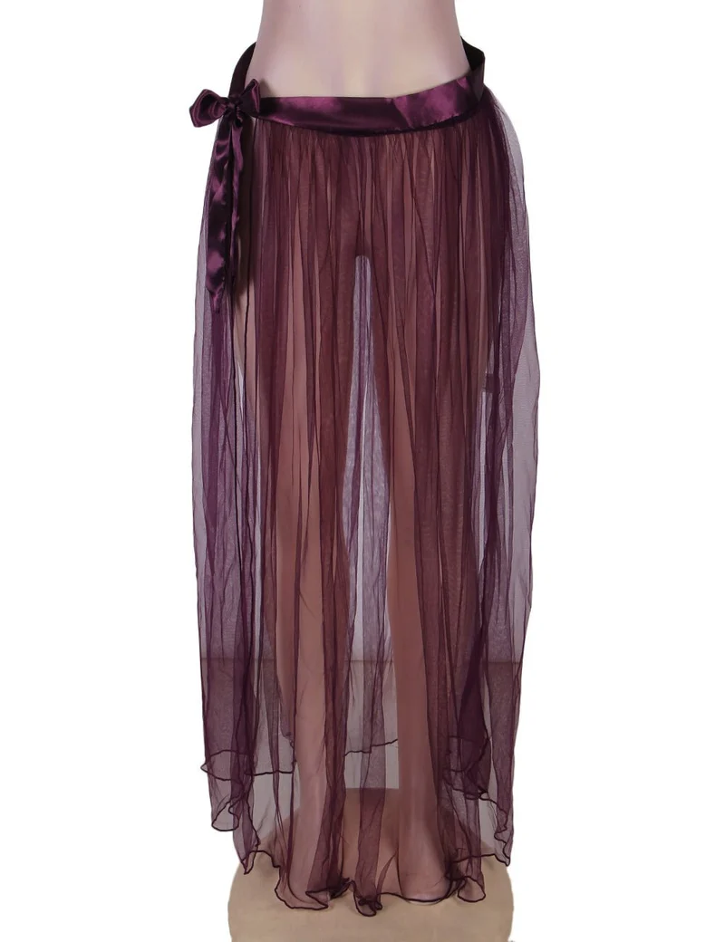 Lila, durchsichtiger Mesh-Einteiler mit transparentem Rock und verstellbarem Bund aus Kunstseide.