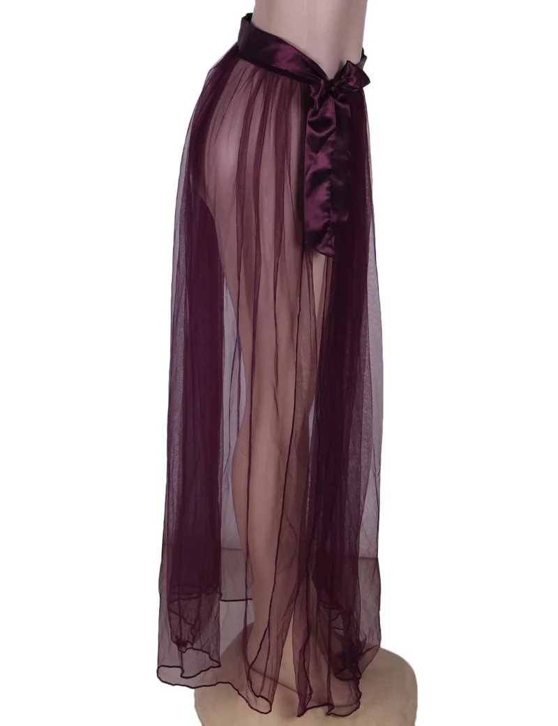 Lila, durchsichtiger Mesh-Einteiler mit transparentem Rock und verstellbarem Bund aus Kunstseide.