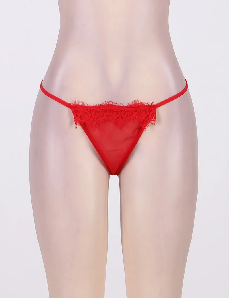 Roter Babydoll-Bademantel aus Netzstoff – Langärmlig, mit Wimpernspitzenbesatz, Kunstseidengürtel und passendem String
