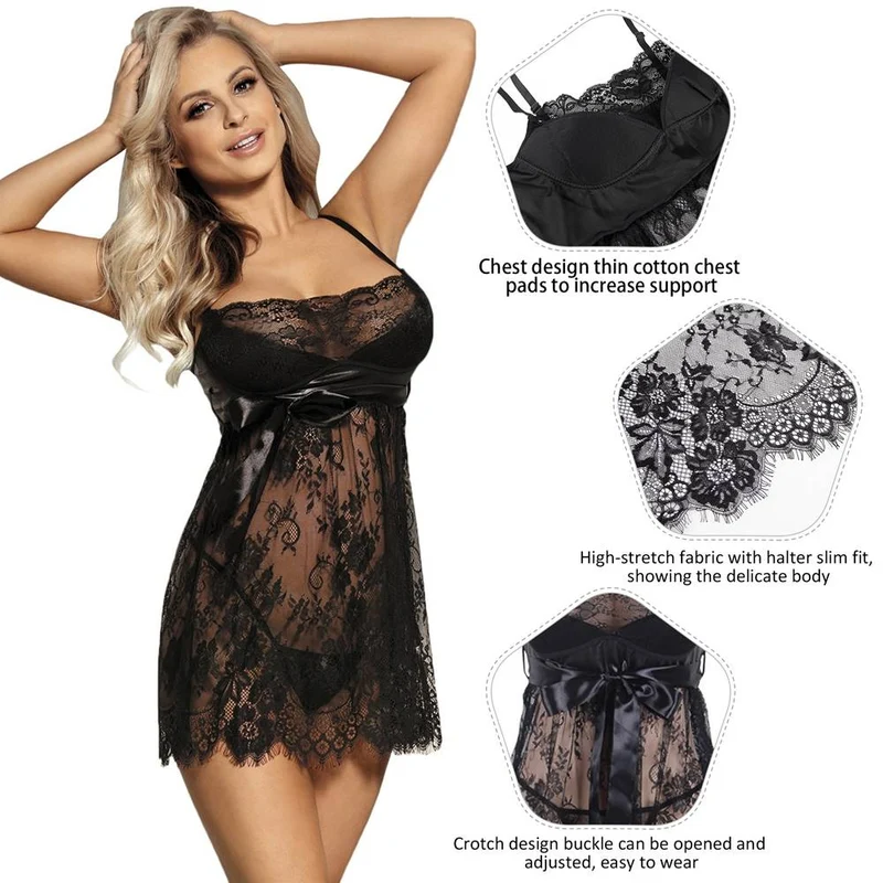 Babydoll aus schwarzem Wimpernspitzenstoff – glänzende Schleife, Wellensaum, verstellbare Taille und Träger