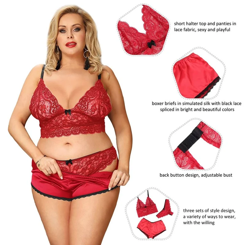 Dreiteiliges Nachtwäsche-Set aus rotem Spitzen-Camisole, Höschen und Satin-Boxershorts