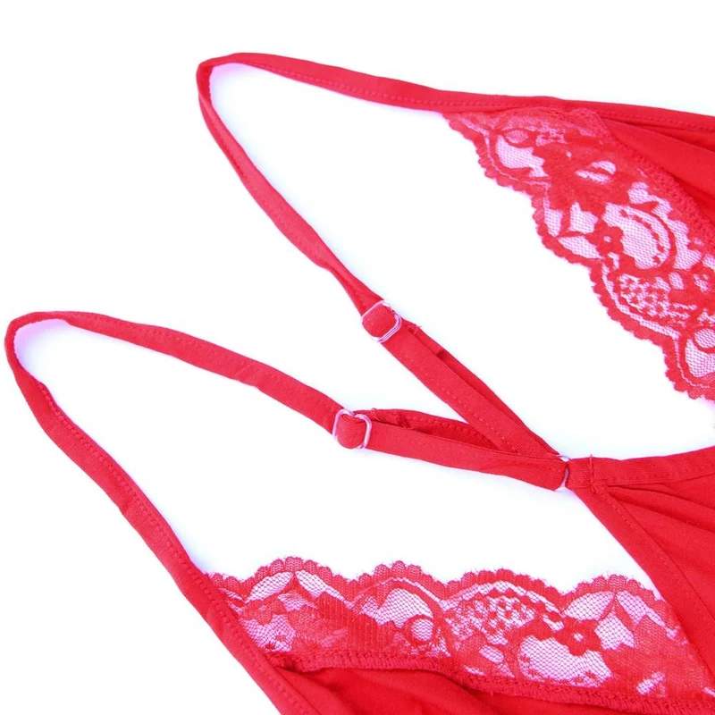 Rotes Nachthemd mit tiefem V-Ausschnitt und Spitzenabschluss – Spitzenbund, ausgestellter Rock und passendes Höschen-Set