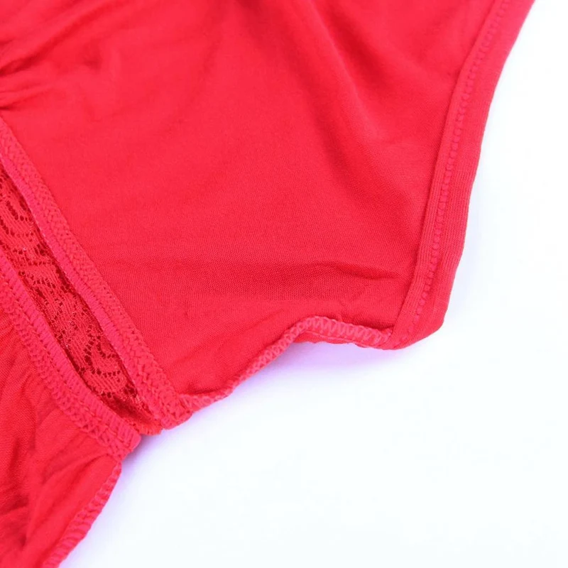 Rotes Nachthemd mit tiefem V-Ausschnitt und Spitzenabschluss – Spitzenbund, ausgestellter Rock und passendes Höschen-Set