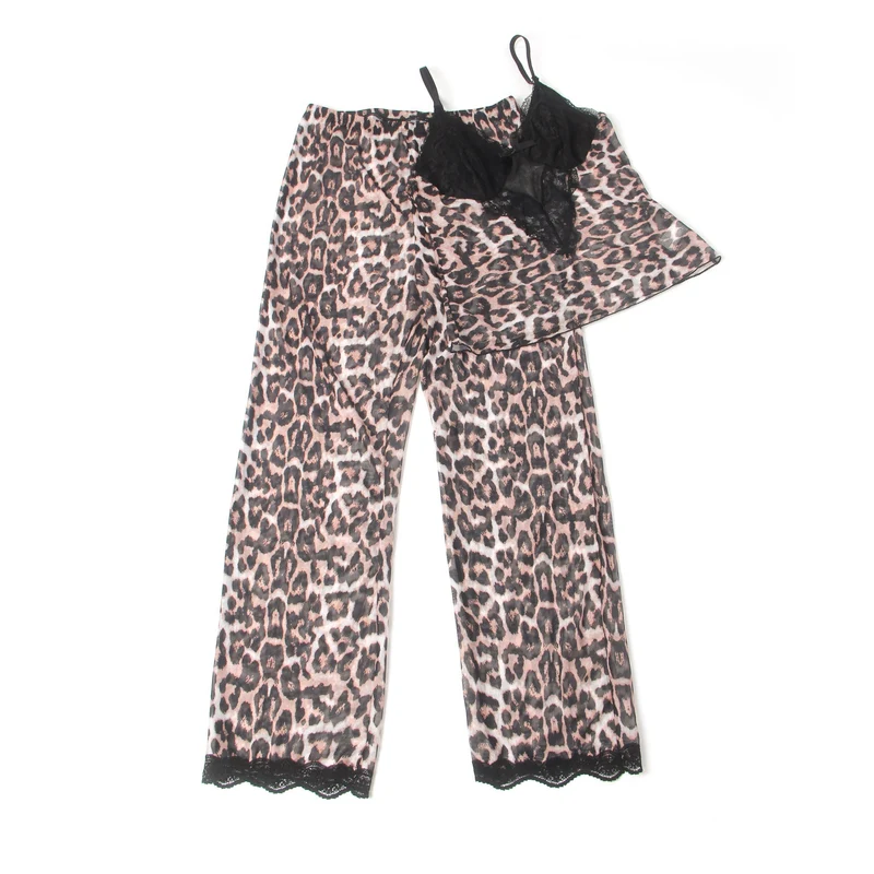 Pyjama-Set mit Leopardenmuster, bestehend aus einem Top mit tiefem V-Ausschnitt aus Mesh und Spitze sowie einer passenden Hose
