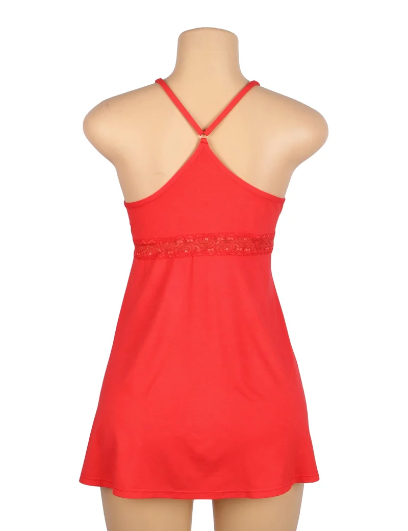 Rotes Nachthemd aus Modal-Spitze mit tiefem V-Ausschnitt – Taillenband mit Spitzeneinsatz und ausgestellter Rock