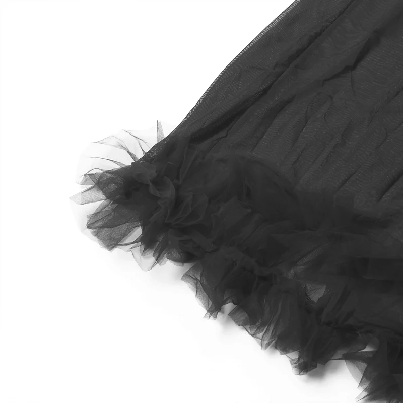 Schwarzer Nylon-Mesh-Bademantel – 3D-Rüschenbündchen und -saum, knöchellang, ausgestellte Ärmel und Taillengürtel