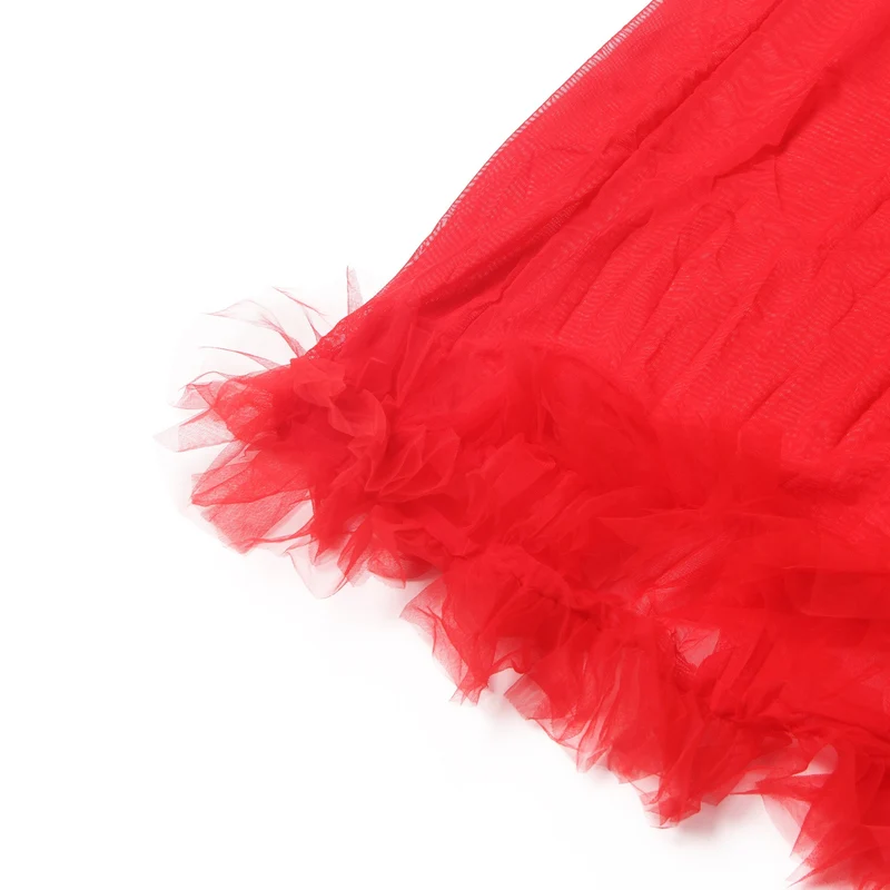 Roter Nylon-Mesh-Bademantel – 3D-Rüschenbündchen und -saum, knöchellang, ausgestellte Ärmel und Taillengürtel