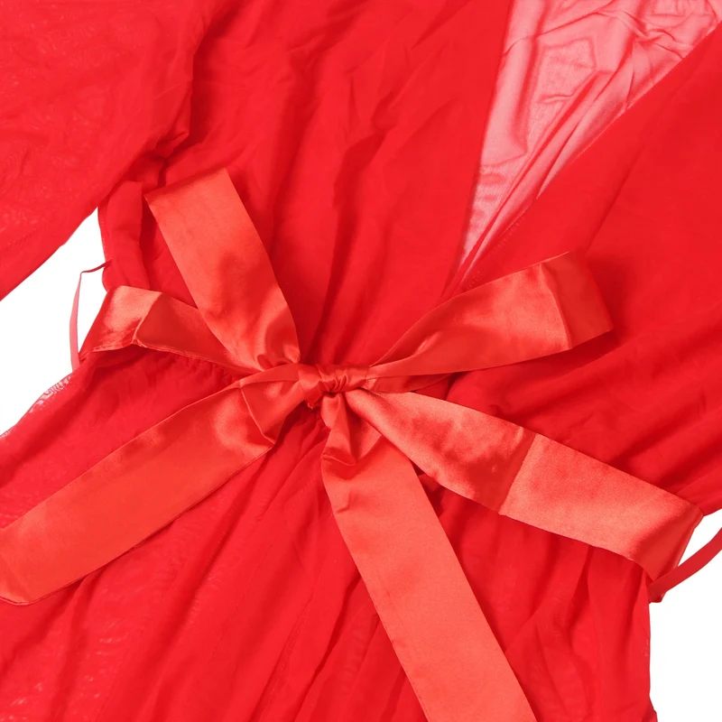 Roter Nylon-Mesh-Bademantel – 3D-Rüschenbündchen und -saum, knöchellang, ausgestellte Ärmel und Taillengürtel