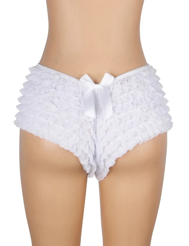 Weißer Mesh-Rüschen-Slip mit Schleifendetail und Badestofffutter