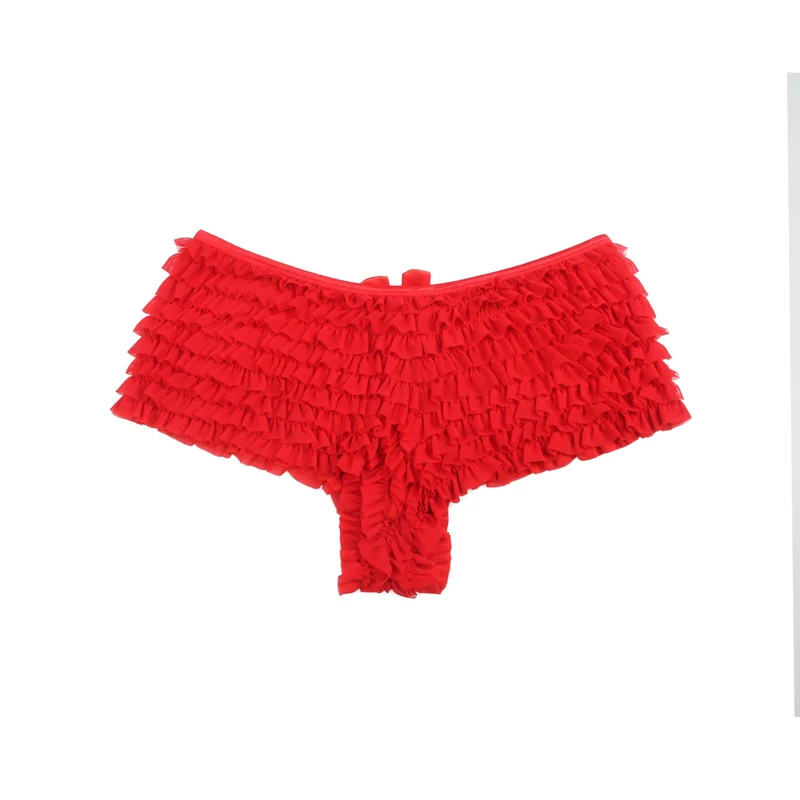 Roter Mesh-Rüschenslip mit Schleifendetail und Badestofffutter