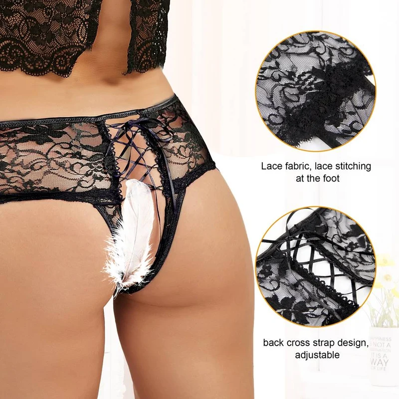 Schwarzer, floraler Spitzen-Slip mit vollständiger Bedeckung, gekreuztem Rückenausschnitt und offenem Schritt