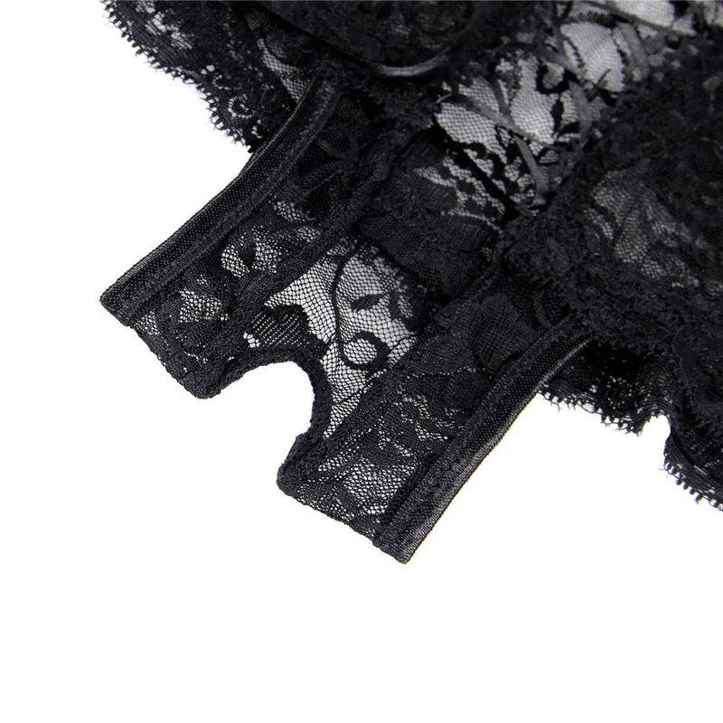 Schwarzer, floraler Spitzen-Slip mit vollständiger Bedeckung, gekreuztem Rückenausschnitt und offenem Schritt