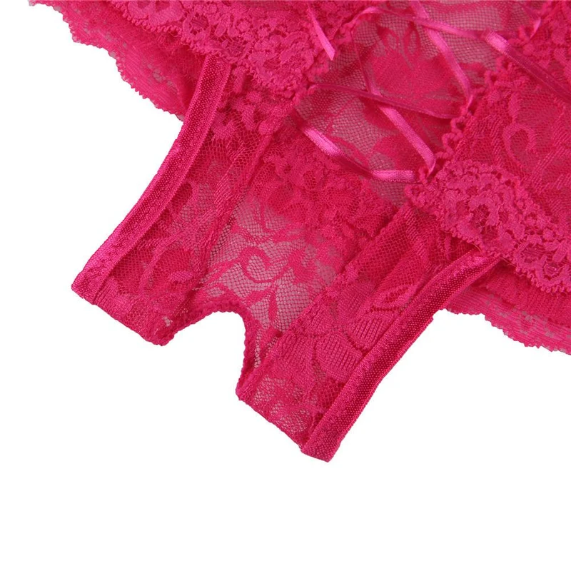 Pinkfarbener, geblümter Spitzenhöschen mit vollständiger Bedeckung, gekreuztem Rückenausschnitt und offenem Schritt