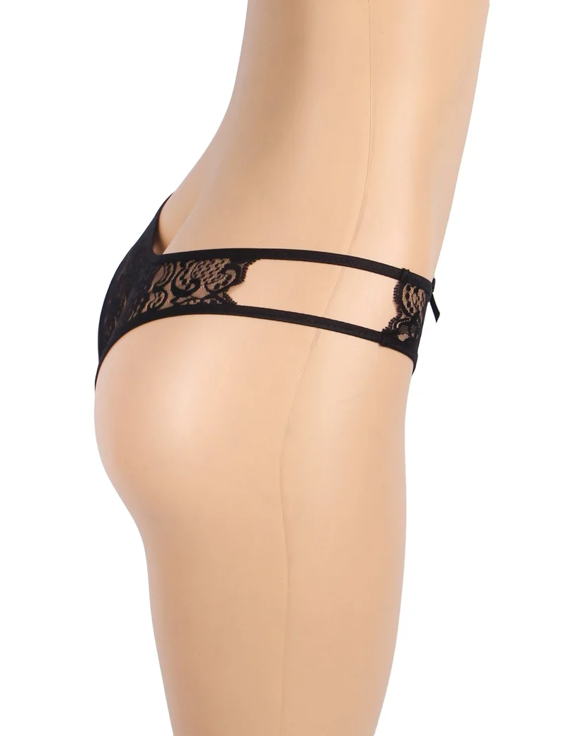 Schwarzer Spitzen-Mesh-Slip mit seitlichen Ausschnitten, Schleife vorne und offenem Schritt