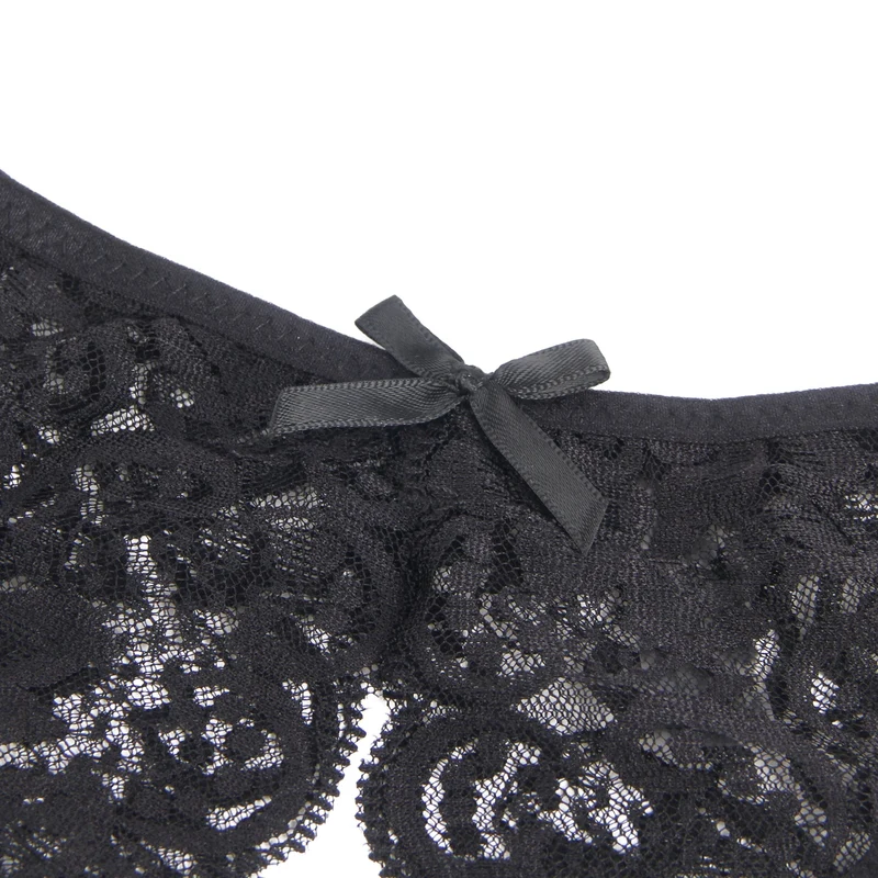 Schwarzer Spitzen-Mesh-Slip mit seitlichen Ausschnitten, Schleife vorne und offenem Schritt