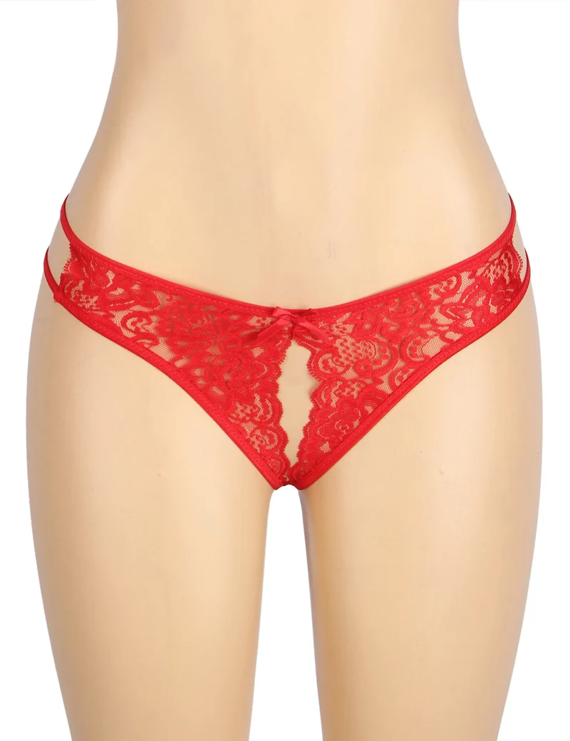Roter Spitzen-Mesh-Slip mit seitlichen Ausschnitten, Schleife vorne und offenem Schritt