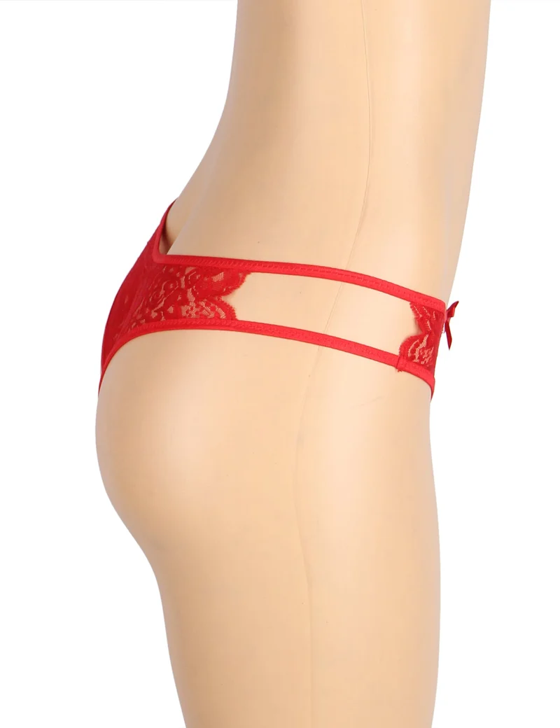 Roter Spitzen-Mesh-Slip mit seitlichen Ausschnitten, Schleife vorne und offenem Schritt