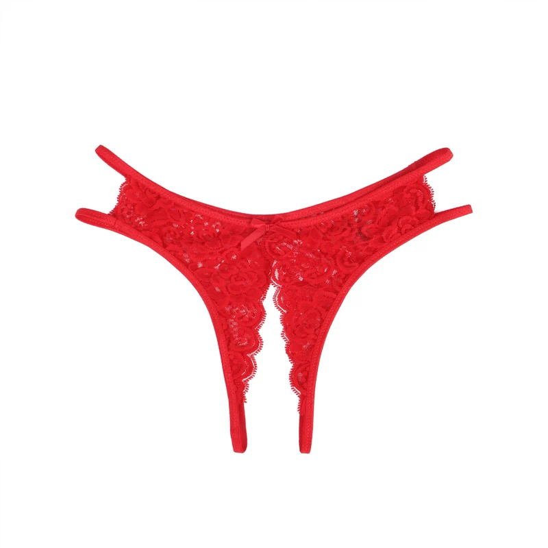 Roter Spitzen-Mesh-Slip mit seitlichen Ausschnitten, Schleife vorne und offenem Schritt