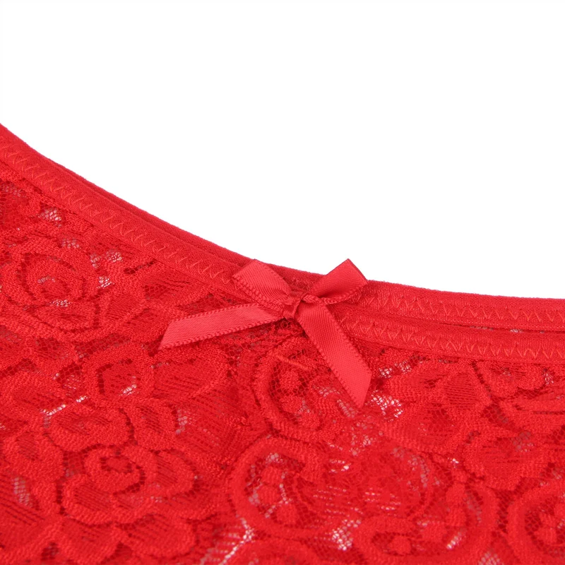 Roter Spitzen-Mesh-Slip mit seitlichen Ausschnitten, Schleife vorne und offenem Schritt