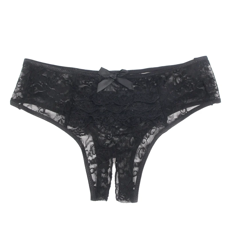 Schwarzer Triangel-Slip aus Spitze mit mehrlagigem Rückenteil, Schleifendetail und offenem Schritt