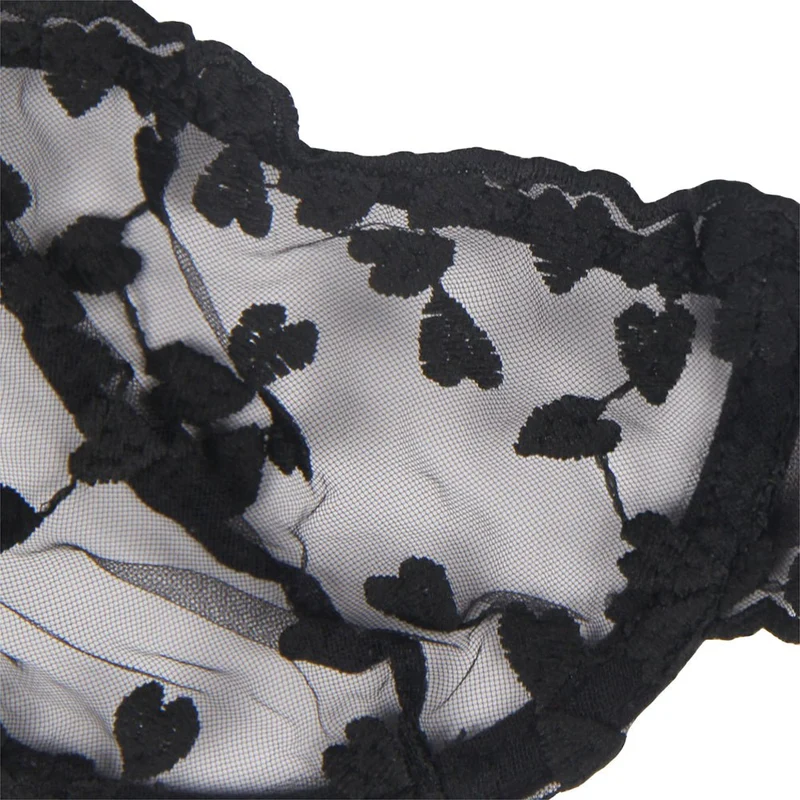 Schwarzes BH-Set aus besticktem Mesh – mit Bügeln, Schleife und floralen Details