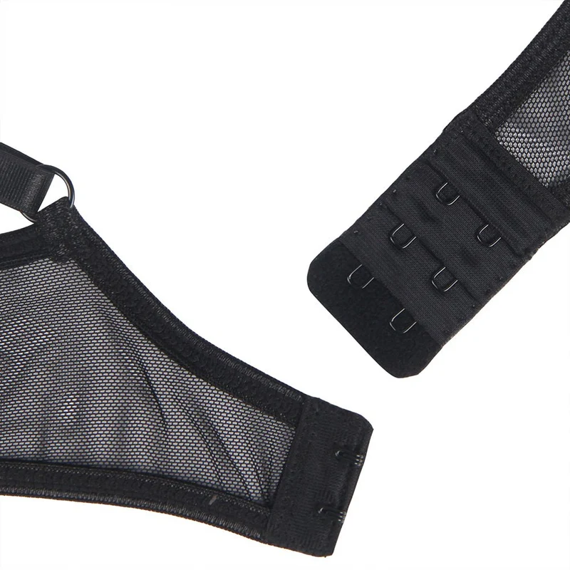 Schwarzes BH-Set aus besticktem Mesh – mit Bügeln, Schleife und floralen Details