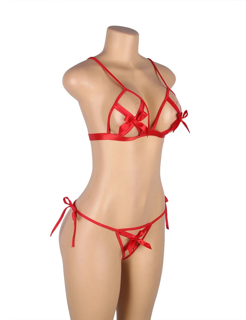 Rotes BH-Set mit Schleife und Lochmuster – Hakenverschluss & Armband
