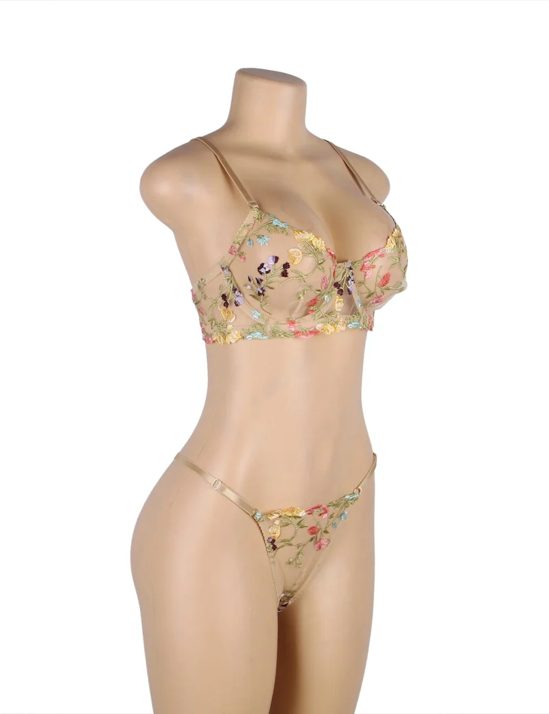 Gelbes 3D-Stickerei-Mesh-Dessous-Set – mit Bügeln und verstellbar