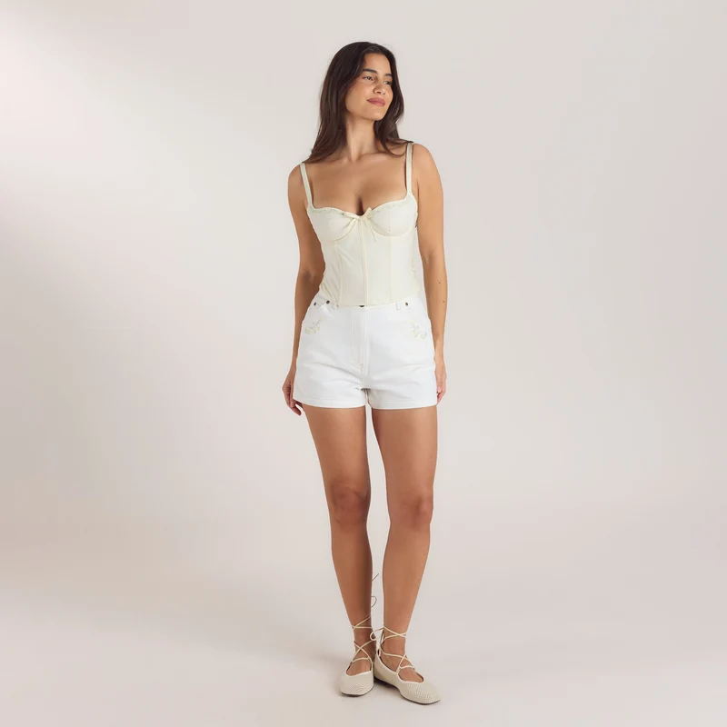 Embroidered Floral Corset Top - Buttercream