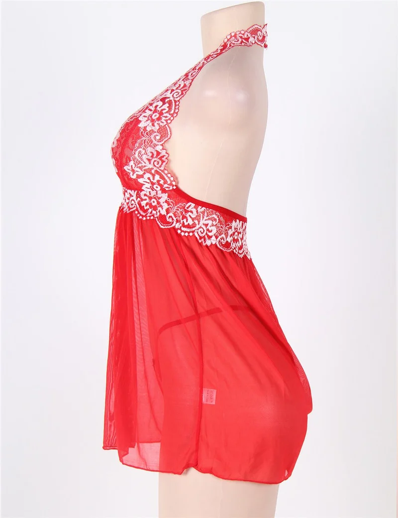 Rotes, zweifarbiges Babydoll- und String-Set aus Neckholder-Mesh mit Spitzenbesatz.
