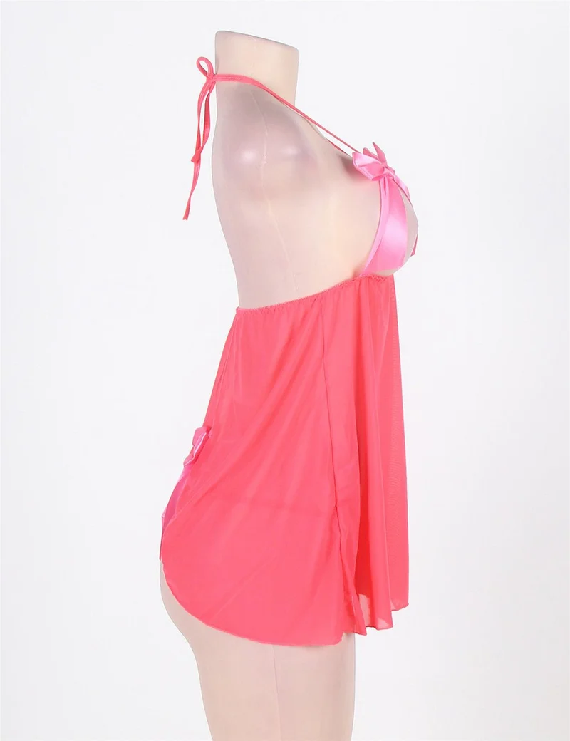 Rosa Babydoll- und Höschenset aus Mesh mit Schmetterlingsknoten-Ausschnitt und Neckholder.