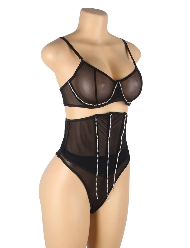 Schwarzes Dessous-Set aus Mesh mit Strasssteinen – Bügel- und Stäbchenformer