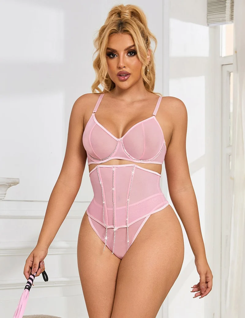 Dessous-Set aus rosafarbenem Mesh mit Strasssteinen – Bügel- und Stäbchen-BH