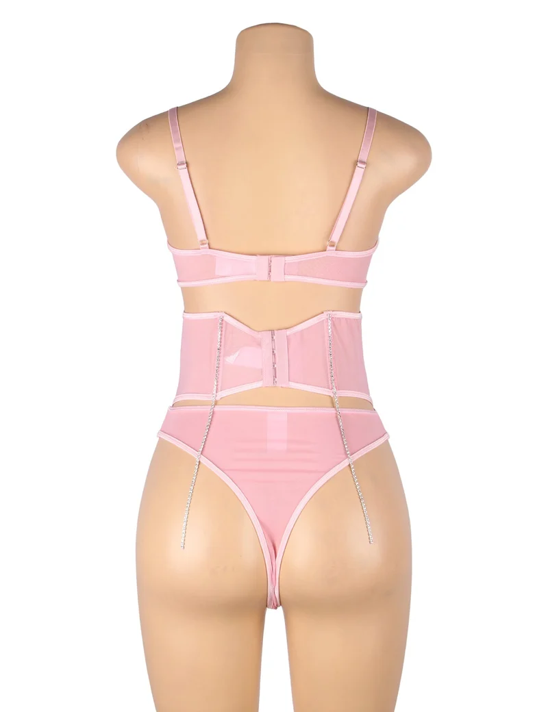 Dessous-Set aus rosafarbenem Mesh mit Strasssteinen – Bügel- und Stäbchen-BH