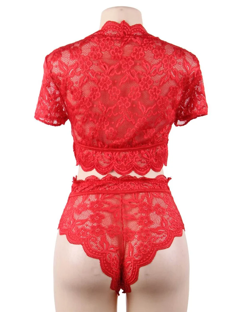 Set aus rotem, glänzendem Spitzen-Crop-BH mit tiefem V-Ausschnitt und hochgeschnittenem Höschen