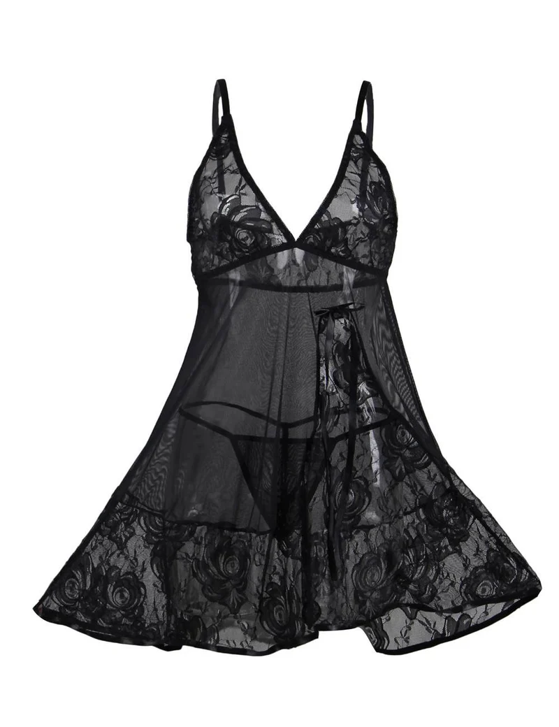 Schwarzes Babydoll- und String-Set mit tiefem V-Ausschnitt, Schmetterlingsspitze und Mesh