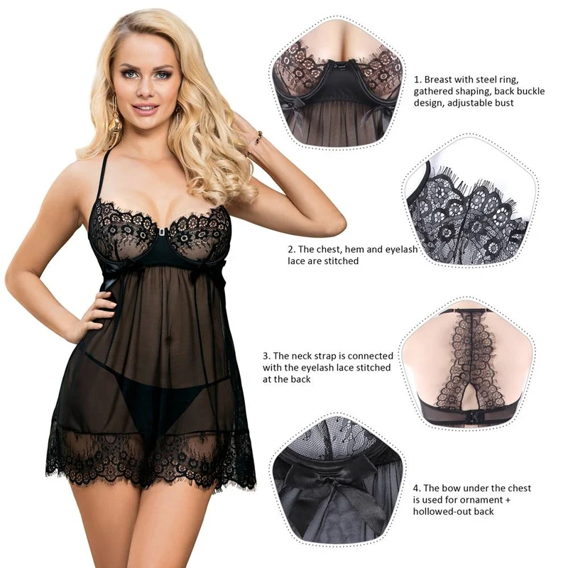Schwarzes Babydoll mit Bügeln, Ring-BH, Spitze und Mesh-Neckholder, Schleife und Rückenausschnitt