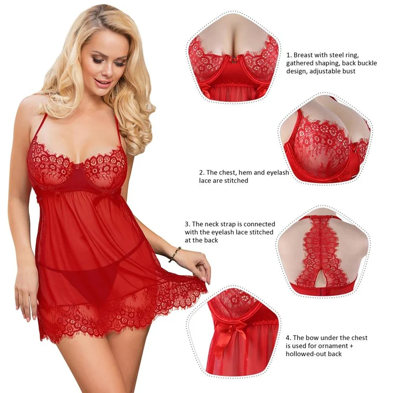 Rotes, bügelverstärktes Babydoll mit Wimpernspitze, Neckholder, Schmetterlingsapplikation und Rückenausschnitt