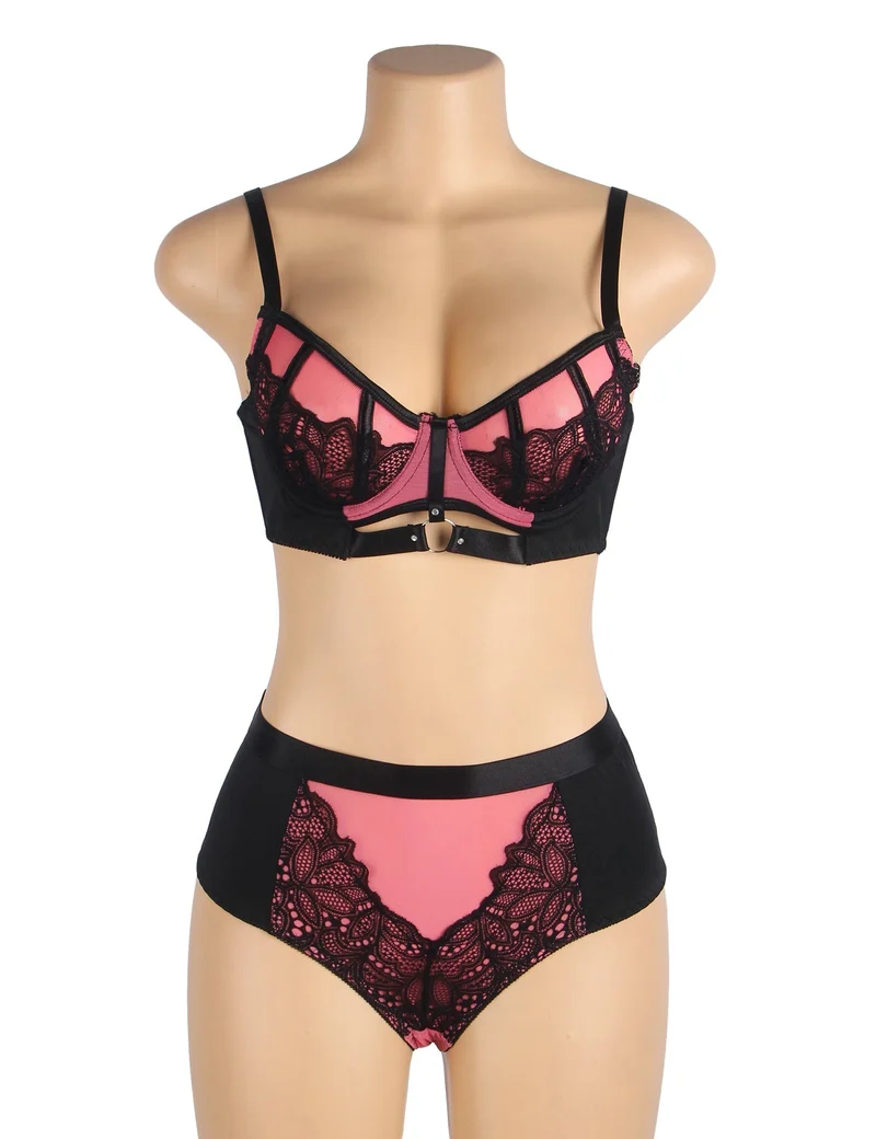 Pinkfarbenes Push-up-BH-Set aus Spitzenmesh – Strassschnalle & hoher Bund