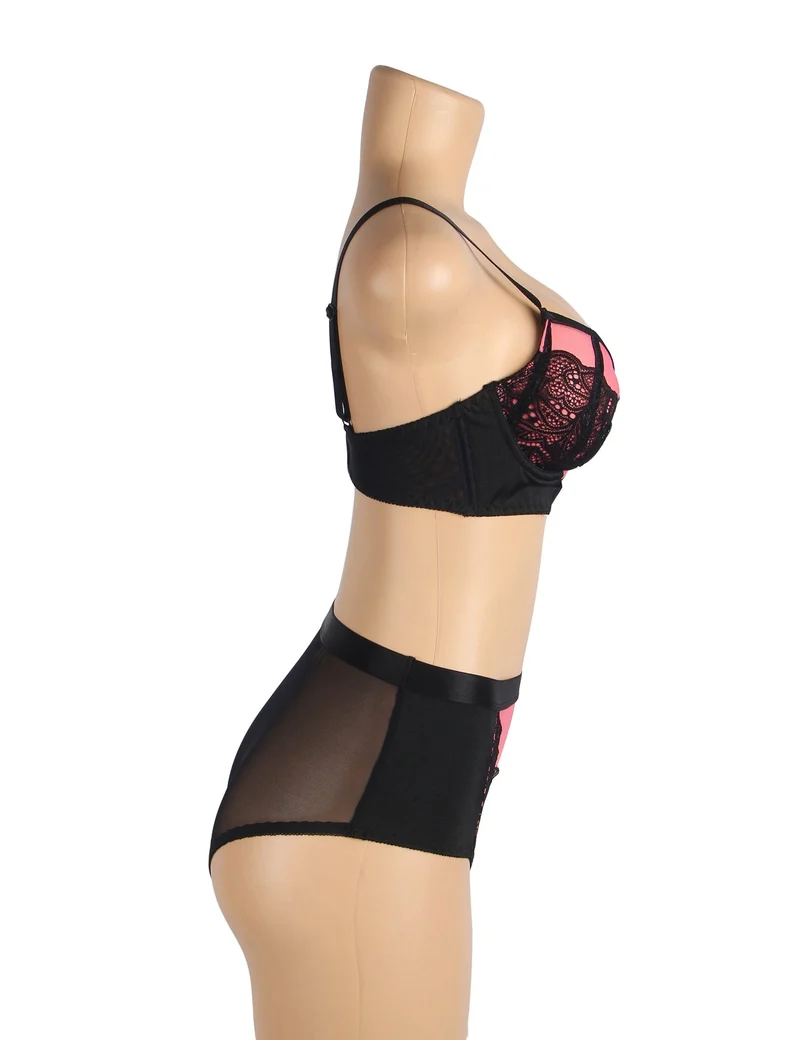 Pinkfarbenes Push-up-BH-Set aus Spitzenmesh – Strassschnalle & hoher Bund
