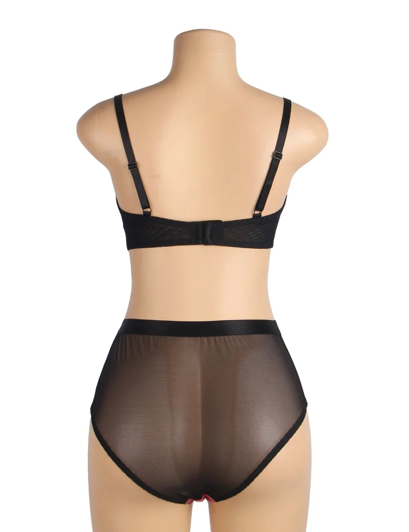 Pinkfarbenes Push-up-BH-Set aus Spitzenmesh – Strassschnalle & hoher Bund