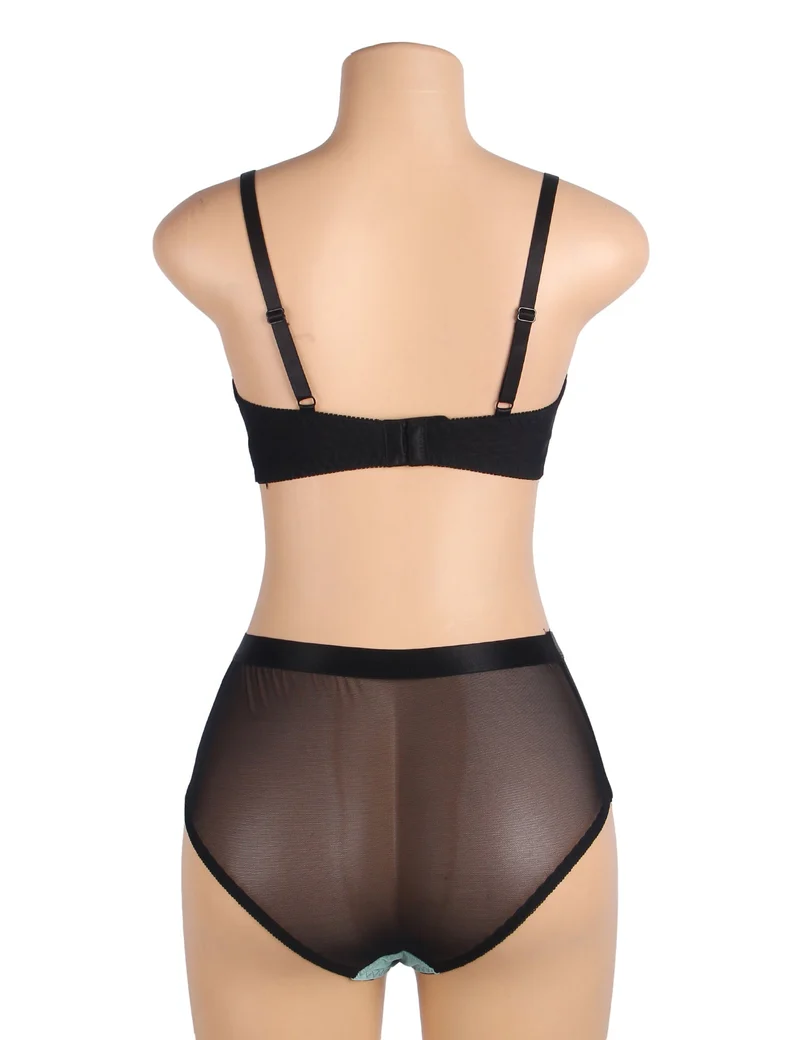 Grünes Push-up-BH-Set aus Spitzenmesh – Strassschnalle & hoher Bund